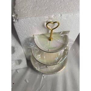 Ceramic 3 Tiered Jewelry Dish Tray Iridescent Pearl Heart Handle PMH21111 White